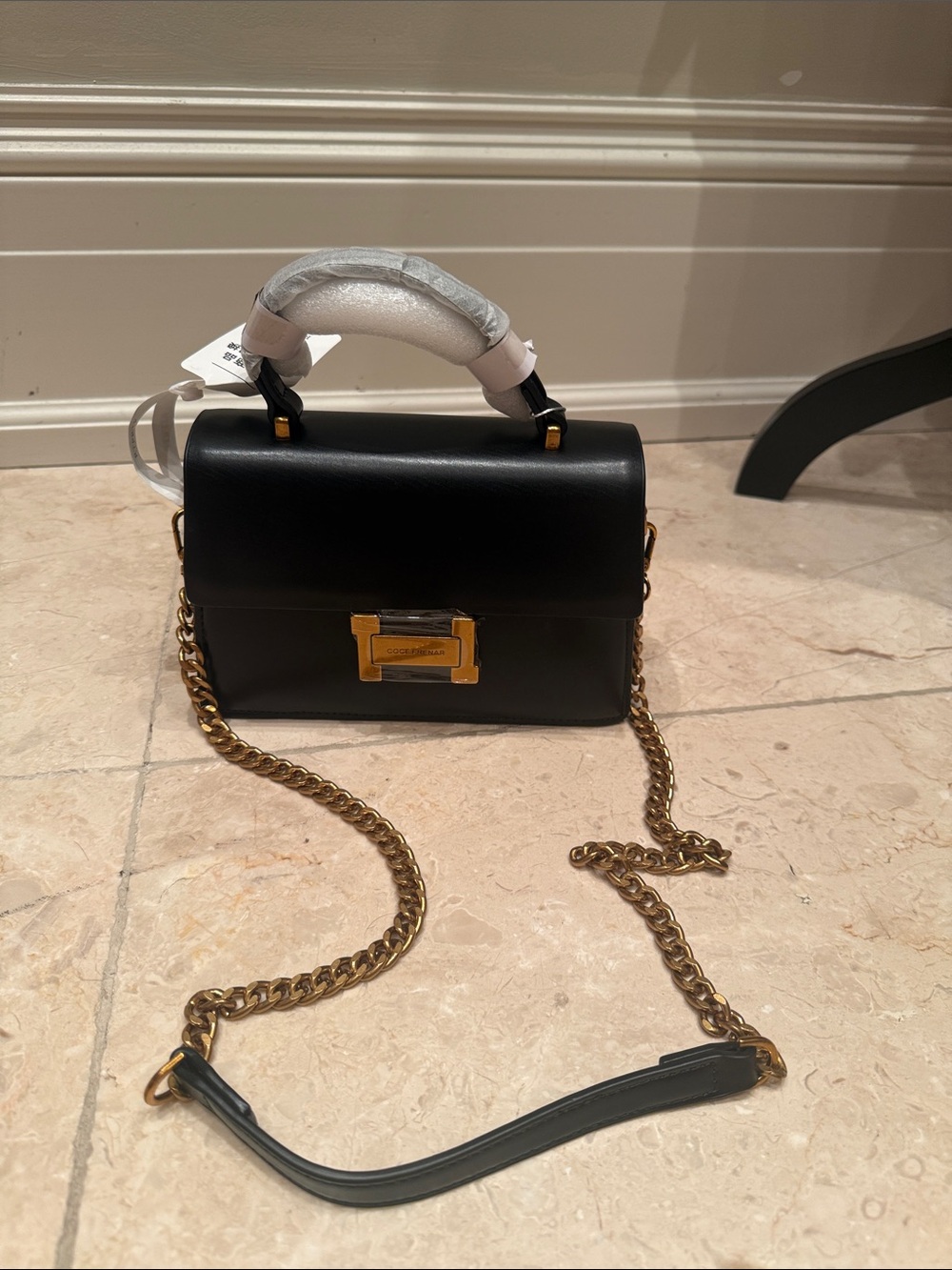 Classic Black Leather Top-Handle Bag with Gold Chain Strap
